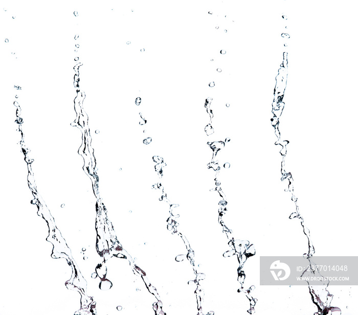 Shape form droplet of Water splashes into drop water line tube attack fluttering in air and stop motion freeze shot. Splash Water for  graphic resource elements, White background isolated