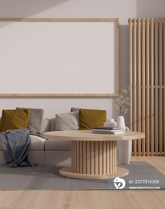 Cozy minimalist living room in white and wood style with wood round coffee table and sofa