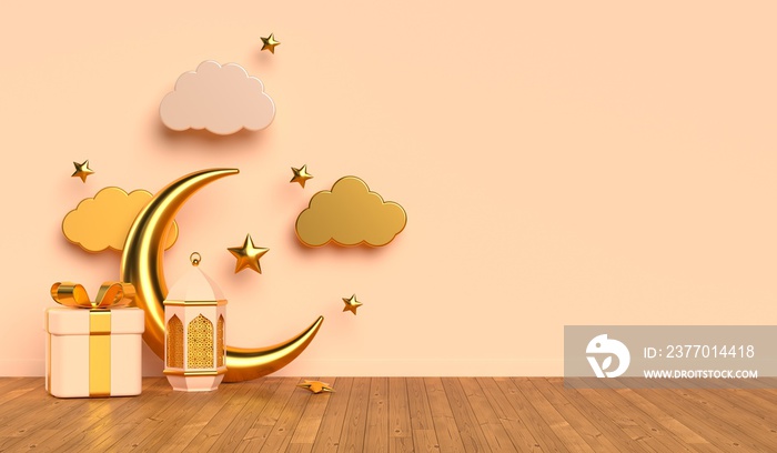 Islamic 3d rendering scene with arabic lantern, golden crescent, clouds, gifts on the wooden floor. Eid Mubarak and Ramadan Kareem.