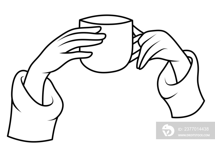 The girl’s hands are holding a cup of coffee. Tea drinking. Drawn hands.