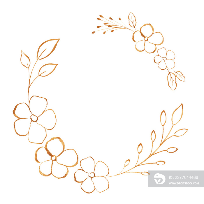 Luxury wreath of golden leaves and branches. Hand painted botanical composition in gold metallic watercolor. Isolated on transparent. Perfect for cards and invitations.