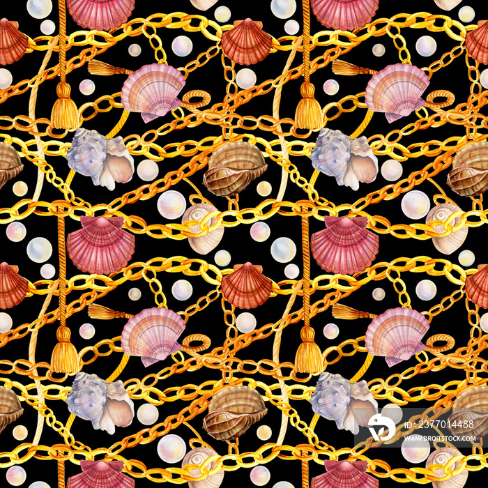 seamless pattern on a black background, watercolor drawing, gold chains, pearls, seashells, beautiful decorations
