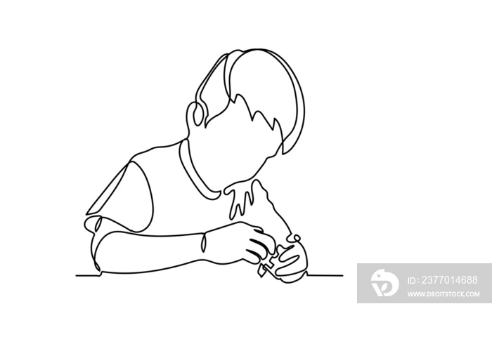 Continuous line of schoolboy raising his hand and pencil, idea and school