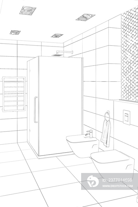 Sketch of the clean modern showerroom with shower, toilet, bidet, towel rail. 3d render