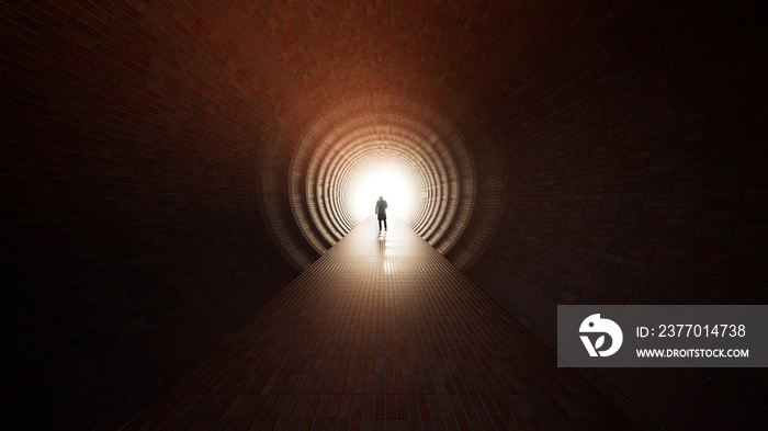 Concept or conceptual dark tunnel with a bright light at the end or exit as metaphor to success, faith, future or hope, a black silhouette of walking man to new opportunity or freedom 3d illustration