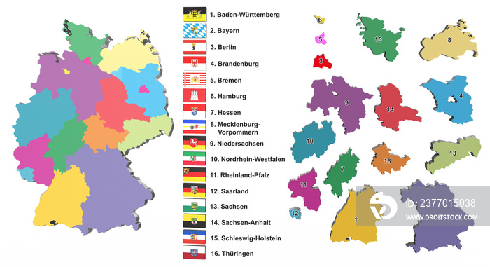 3d Deutschland Karte mit 16 Bundesländern und Landesfahnen, freigestellt