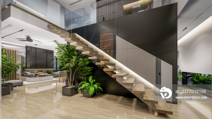 3d rendering of modern cozy interior with living,dining zone stair and kitchen for sale or rent with wood plank by the sea or ocean. Spacious apartments with expensive furniture,equipment and flowers