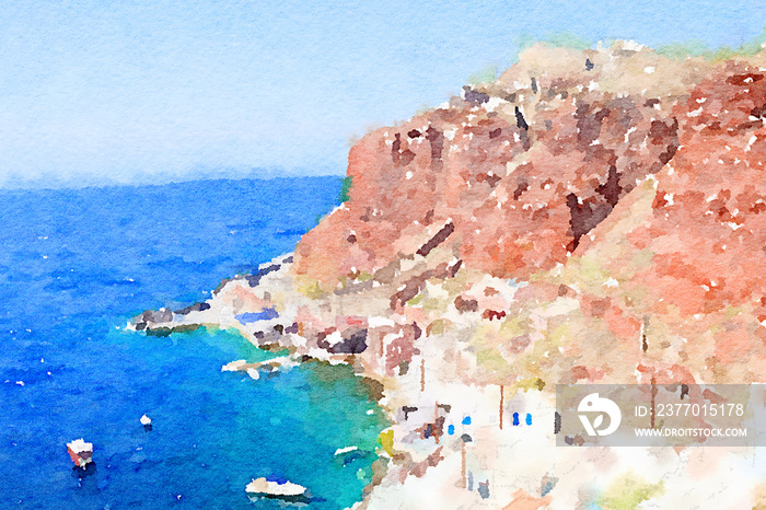 Watercolor drawing picture landscpe view of small town at santorini,Oia at Greece.