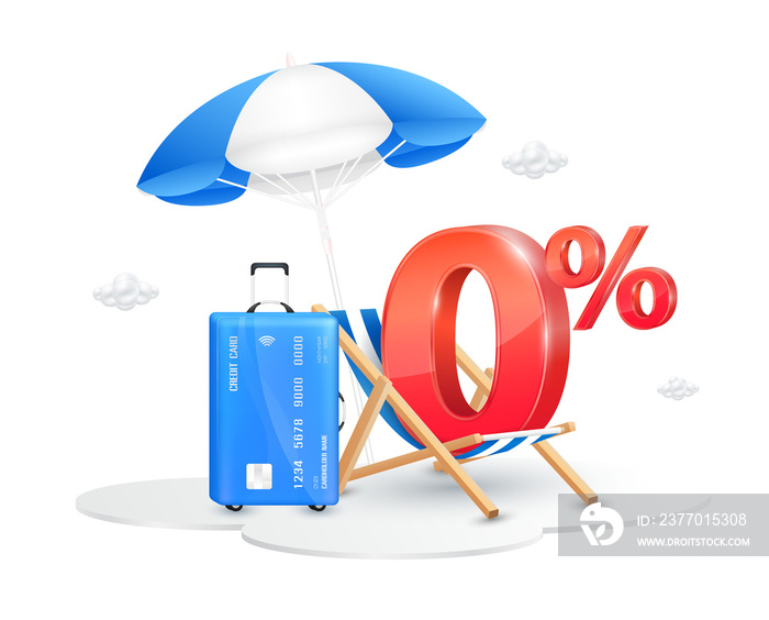 Credit card suitcase blue and Red 0% text in deck chair with umbrella. Zero percent for special offer buy pay transfer money. Travel with credit card. Financial business and transport.