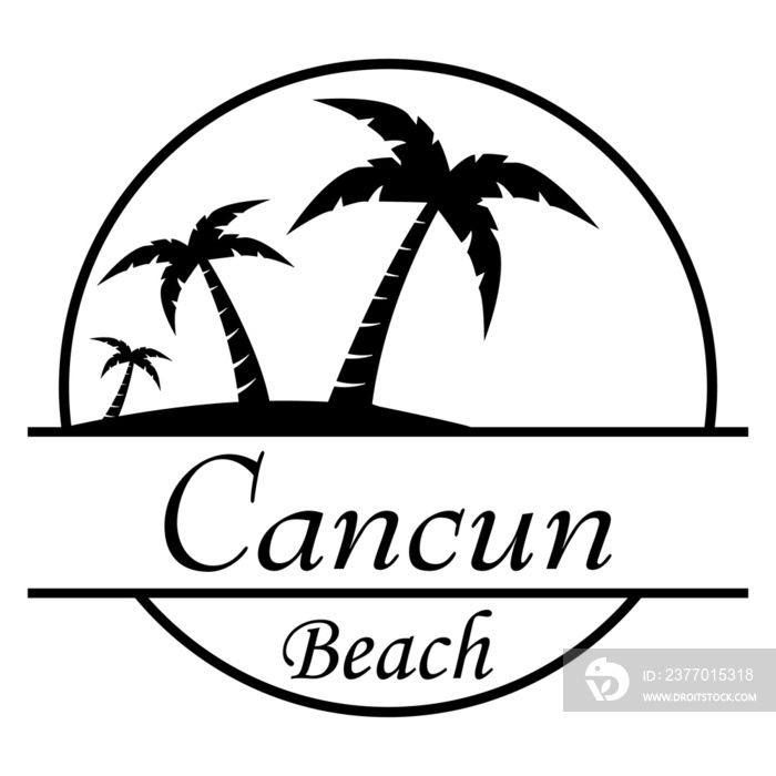 Destino de vacaciones. Logo aislado con texto manuscrito Cancun Beach con silueta de playa con palmeras en círculo lineal