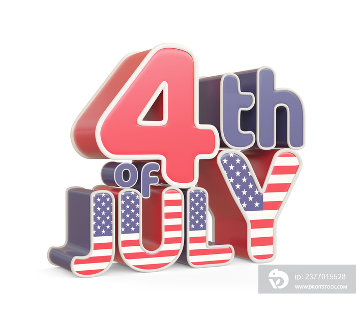 4th of July 3d text with USA flag’s texture, isolated on white. 3d image