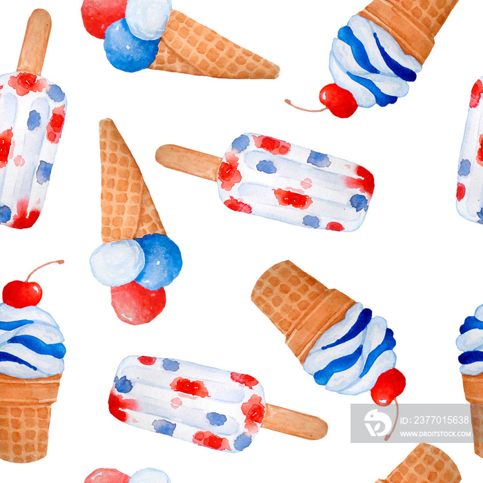 Watercolor seamless hand drawn pattern for patriotic 4th fourth of July Independence Day celebration. Design with sweets desserts candies popisicles ice cream cupcake donuts. Red blue white stars