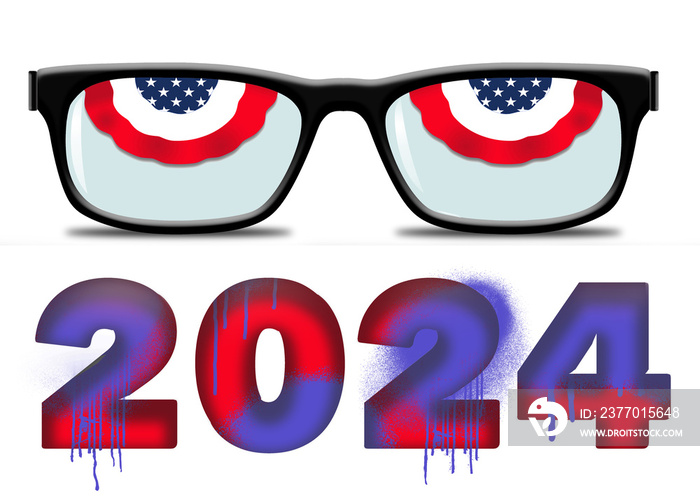 Red, white and blue bunting is seen in eyeglass frames and look like eyes in  a 3-d illustration about keeping eyes on the 2024 election campaigns.