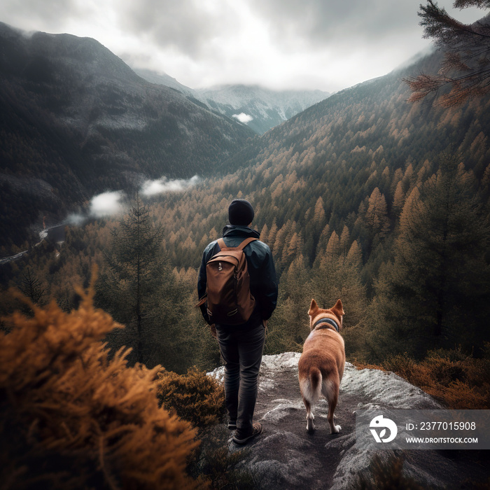 Man hiking with dog