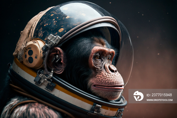 Imagen con IA. Close up shot of chimpanzee astronaut