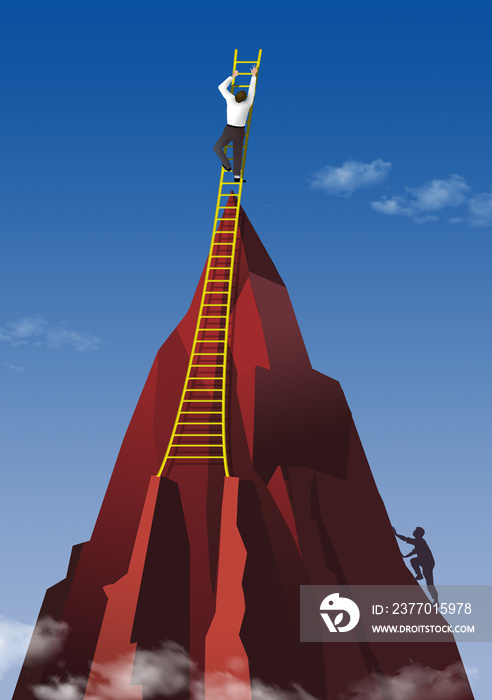 A man climbs to a  mountain peak in this 3-D image then goes even higher using a ladder. Illustrates over achievers who exceed expectations.