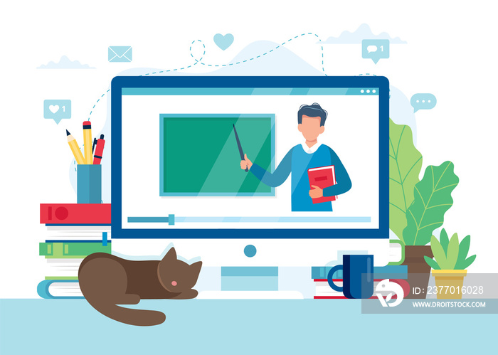 Online learning concept. Screen with teacher and chalkboard, video lesson. illustration in flat style