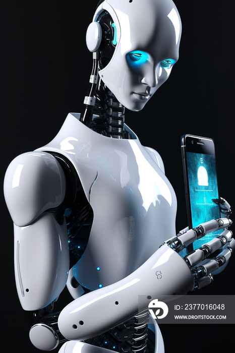 Concept of system artificial intelligence chatGPT, chat bot AI. Advanced futuristic smart technology application software. Humanoid, cyborg, robot.