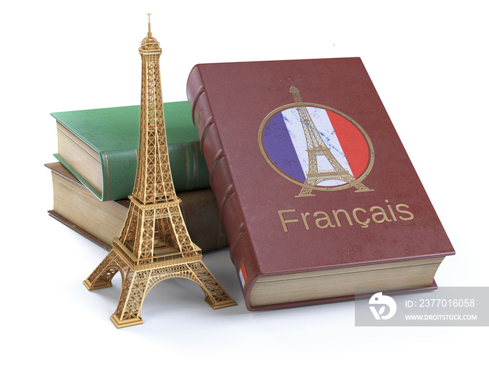 Learn and studiyng French concept. Book with  French flag and Eiffel tower isolated on white.