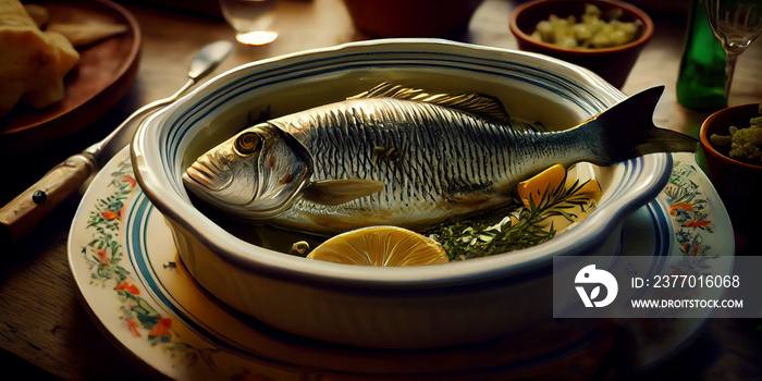 Fish and seafood pan-fried Marseille, Duet of sea bass and sea bream fried in olive oil, cuttlefish fricassee with parsley,