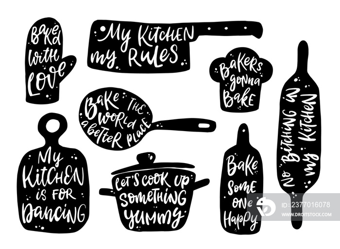 set of hand lettering quotes for kitchen and cooking.Good for stickers, posters, prints, cards, wall art, textile decor. ’My kitchen my rules’, ’Baked with love’, ’Bakers gonna bake’, etc. EPS 10