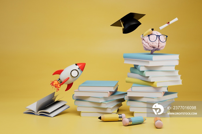 fast learning concept. a brain with a pencil and glasses, a master’s cap, books and a rocket. 3d render