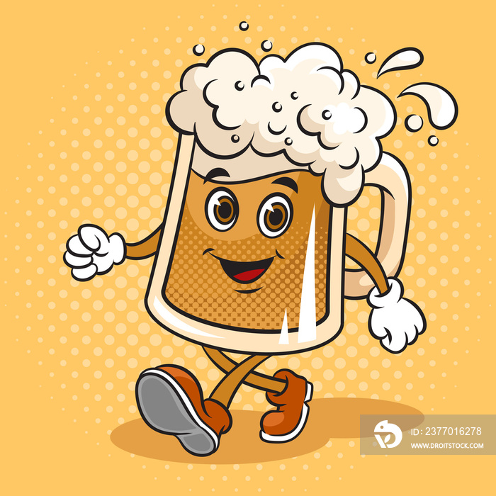 Walking cartoon glass of beer pop art retro raster illustration. Comic book style imitation.