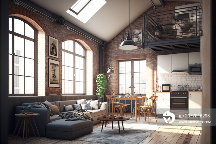 Loft interior with wooden floor and black steel details