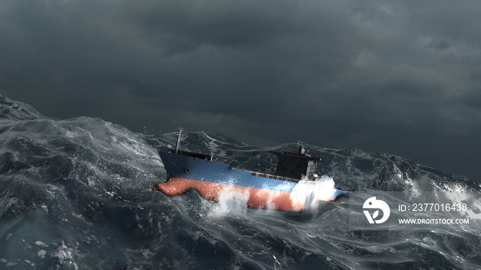 Empty Cargo Ship swinging in stormy ocean,aerial Sailing ship swinging on stormy sea waves, Rough ocean with rain and thunderstorm