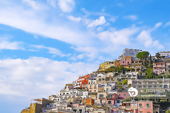 Watercolor drawing  small town of Amalfi famous landmark of Italy, Sorrento, Italy.