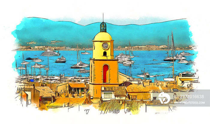 Saint Tropez Village and Bay, watercolor sketch illustration.