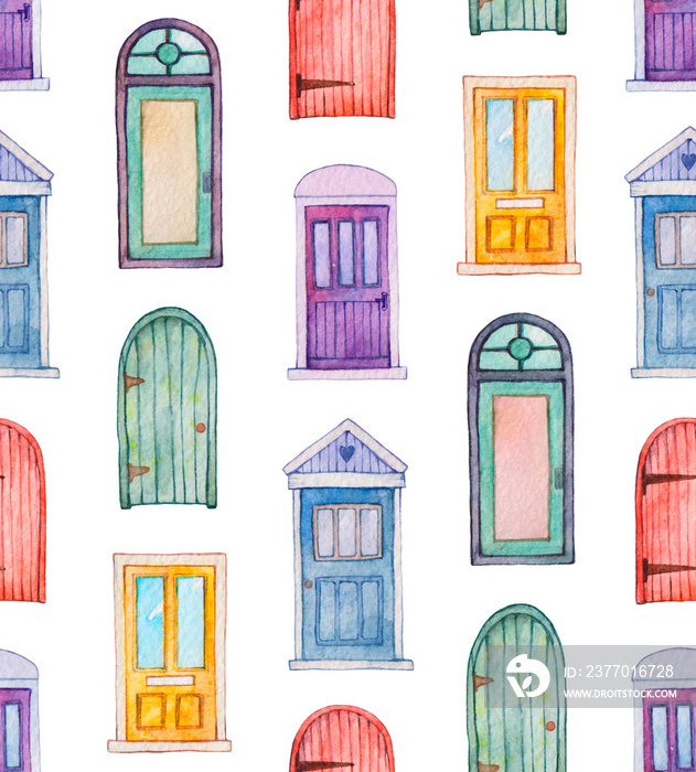 Watercolor seamless pattern with colorful doors. Hand painted illustration.