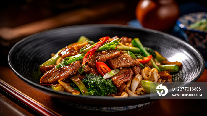 Delicious Chinese dish, featuring fried chopped pork with vegetables, presented in a visually appealing manner with rich details.