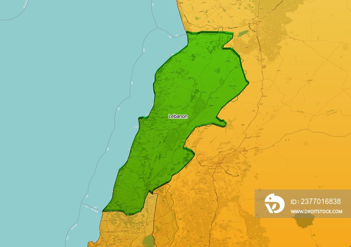 Lebanon map showing country highlighted in green color with rest of Asian countries in brown