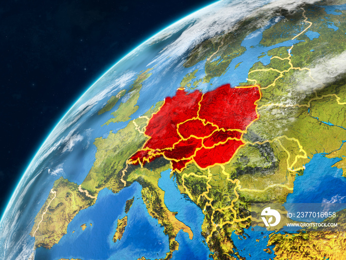 Central Europe on realistic model of planet Earth with country borders and very detailed planet surface and clouds.