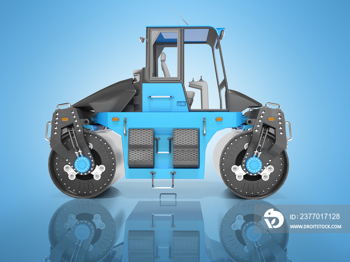 Blue asphalt roller for laying the road side view 3D rendering on blue background with shadow