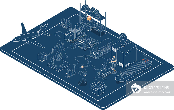 3D isometric Global logistics network concept with Transportation operation service, Export, Import, Cargo, Air, Road, Maritime delivery. PNG illustration