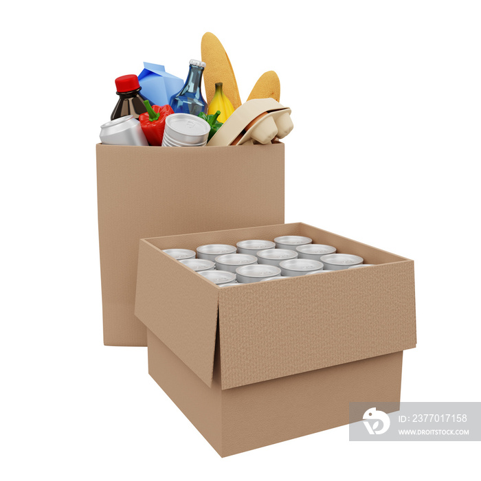 paper bag filled with groceries product and canned food box isolated. 3d  PNG file
