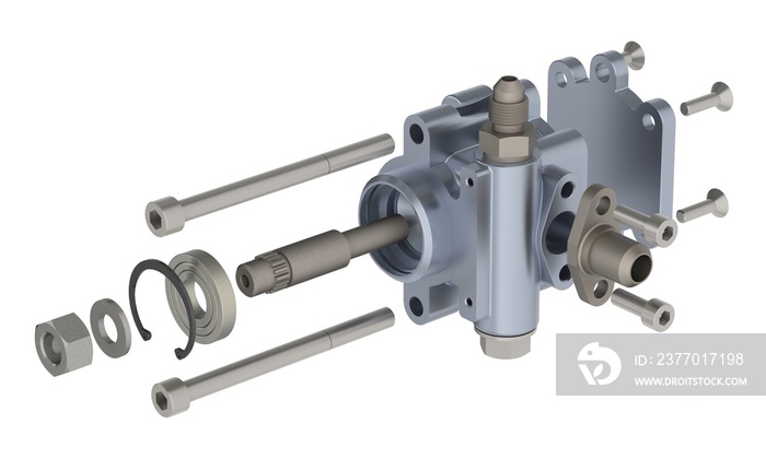 Automotive steering pump in exploded view 3D rendering