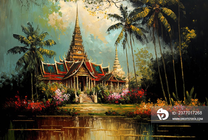 oil painting style illustration of Thailand  Bangkok historic site with nature landscape