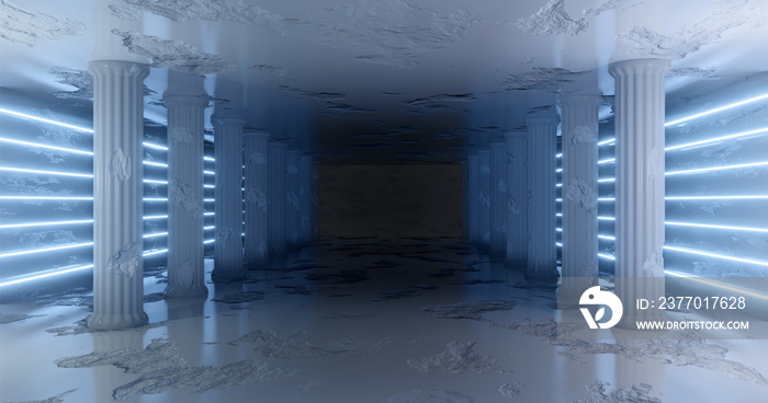 3d rendering. Marble corridor with damaged columns with light blue neon stripes along the walls. Neon glow.