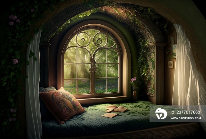 illustration, fairy tale house, room with window, image by AI