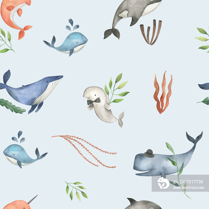 Sea animals watercolor illustration seamless pattern