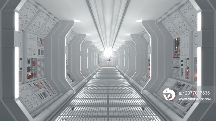 futuristic spaceship corridor. 3D Sci-Fi long hallway.