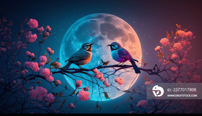 two birds sing at night on a branch of a flowering tree against the backdrop of the moon