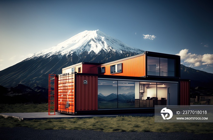 illustration concept of sustainability and recycle , container box remake as restaurant, office or house or hotel, landscape of Fuji Mountain, Japan as background