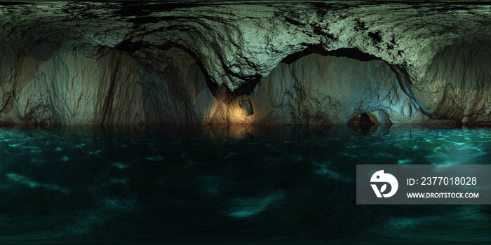 underground lake, cave, grotto, HDRI, environment map , Round panorama, spherical panorama, equidistant projection, 360 high resolution panorama