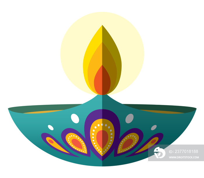 Diwali or Deepavali burning Diya oil lamp. Festival of Lights celebration illustration.