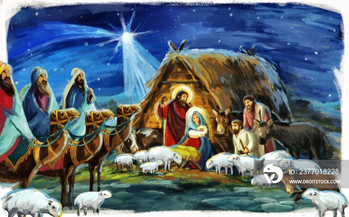 religious illustration three kings - and holy family - traditional scene with sheep and donkey - illustration for children