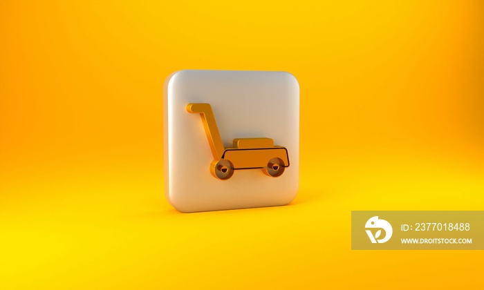 Gold Lawn mower icon isolated on yellow background. Lawn mower cutting grass. Silver square button. 3D render illustration